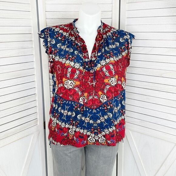 Hannah Printed Boho Flutter Sleeve Tunic Top Red Blue Large - Picture 1 of 11